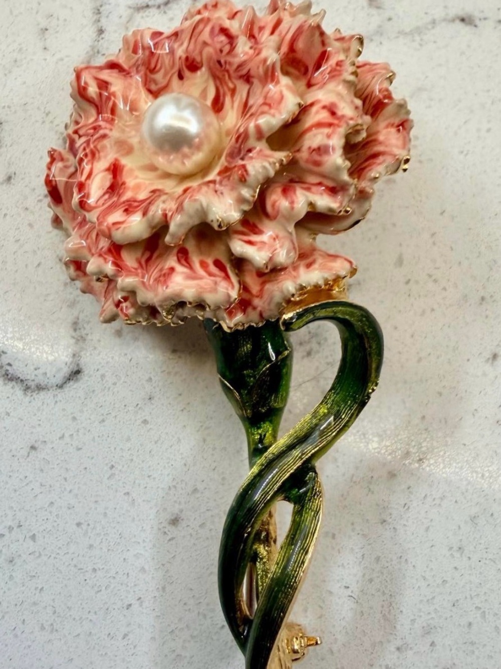Vtg. Hattie Carnegie Pink Carnation Brooch 22g 3β Faux Pearl Worn Carnegie Mark - Picture 3 of 9